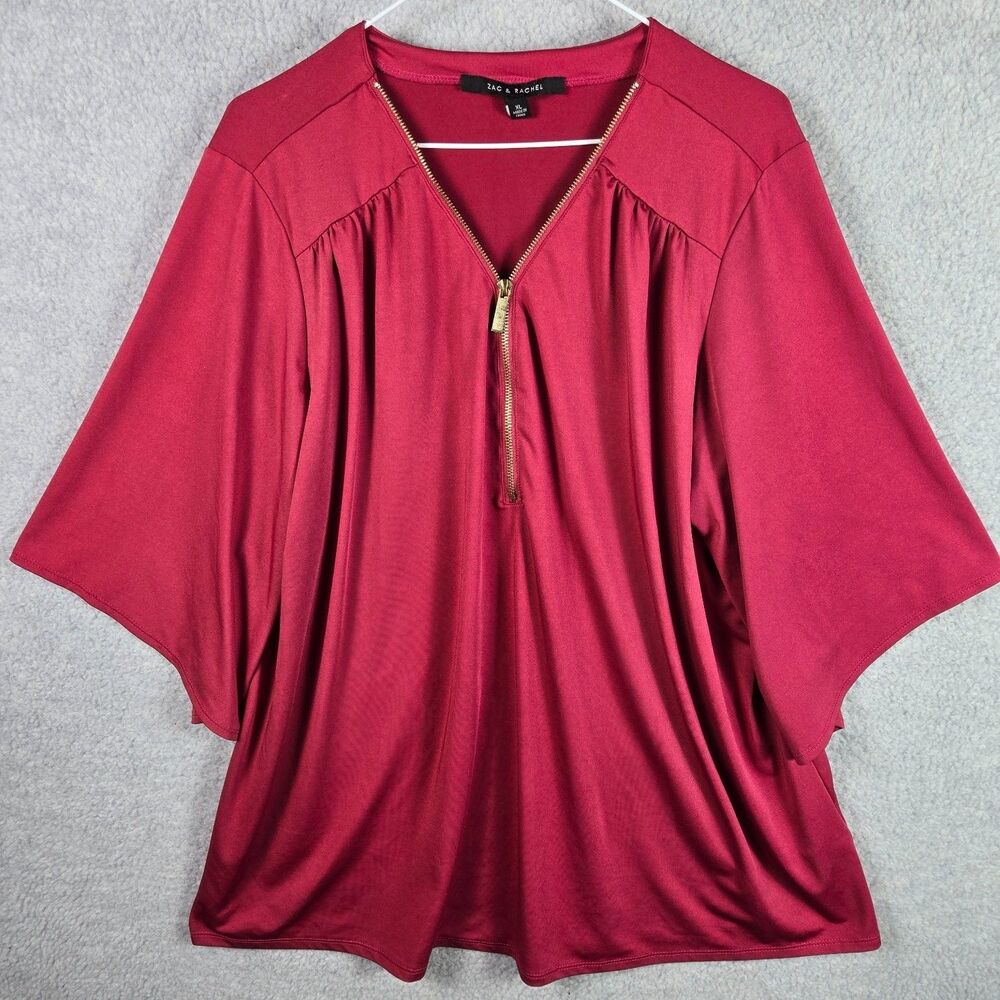 Zac & Rachel Women's Top XL Red Zip V-Neck Wide Short Sleeve Blouse Shirt